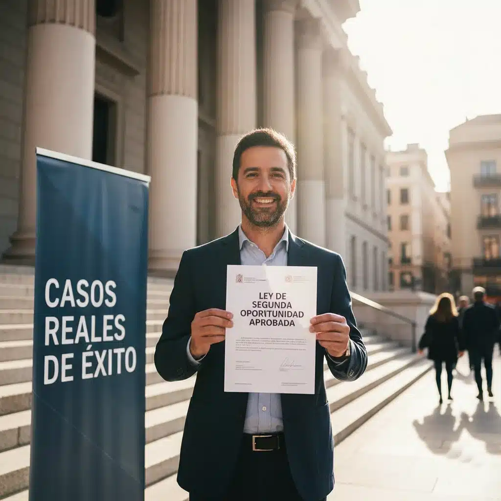 Hombre frente al juzgado sosteniendo documento 'Ley de Segunda Oportunidad aprobada'; ejemplos de la Ley de Segunda Oportunidad