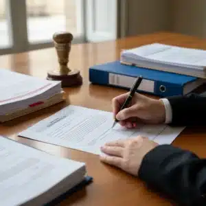 Persona completando formularios de la Ley de Segunda Oportunidad en mesa con sello del juzgado