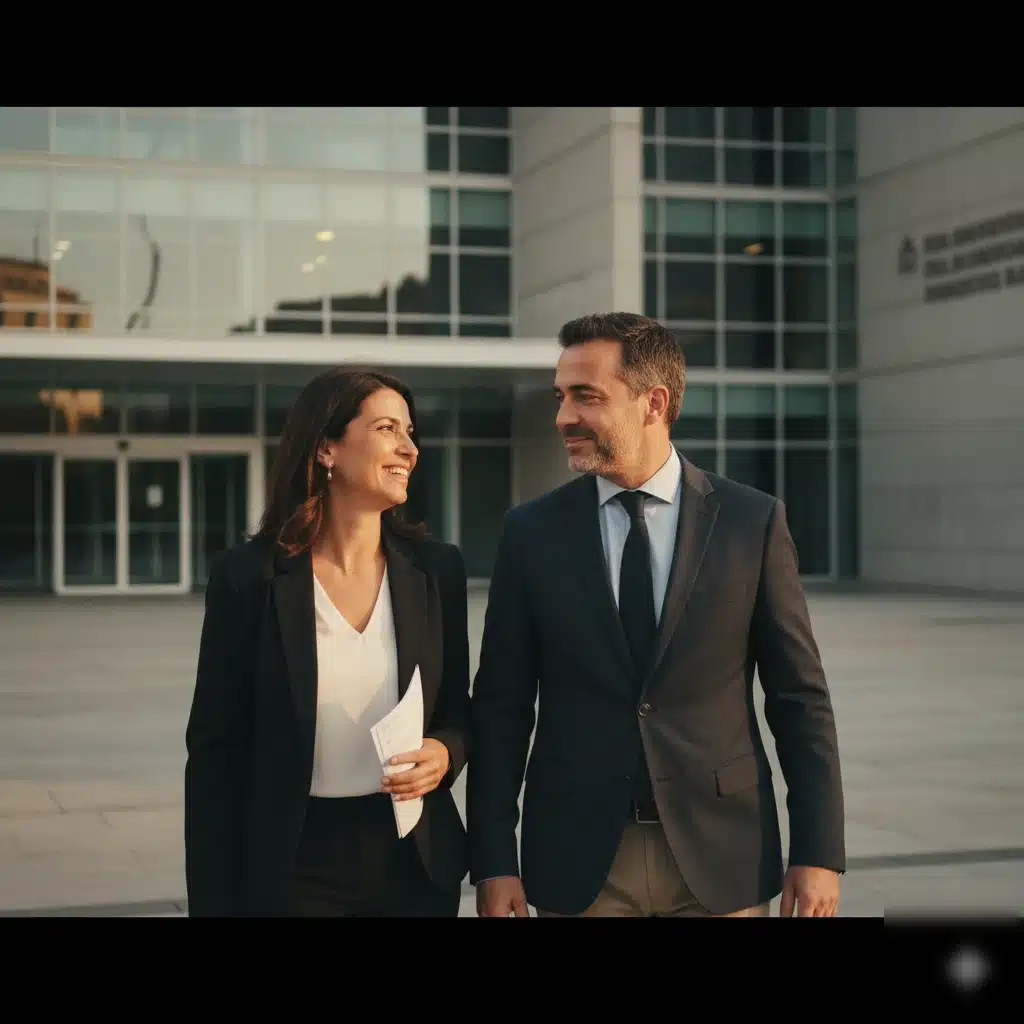 Hombre y mujer españoles saliendo del complejo judicial de Valencia con gesto de alivio tras recibir resolución de la Ley de Segunda Oportunidad
