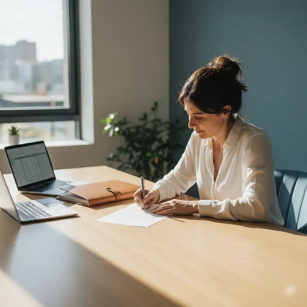 Mujer española firmando una solicitud de exoneración de deudas en un despacho jurídico iluminado por luz natural